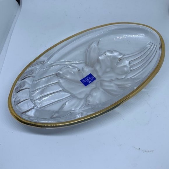 New Vintage Mikasa Studio Nova Oval Crystal Frosted IRIS Dish Gold Rim - Picture 1 of 4